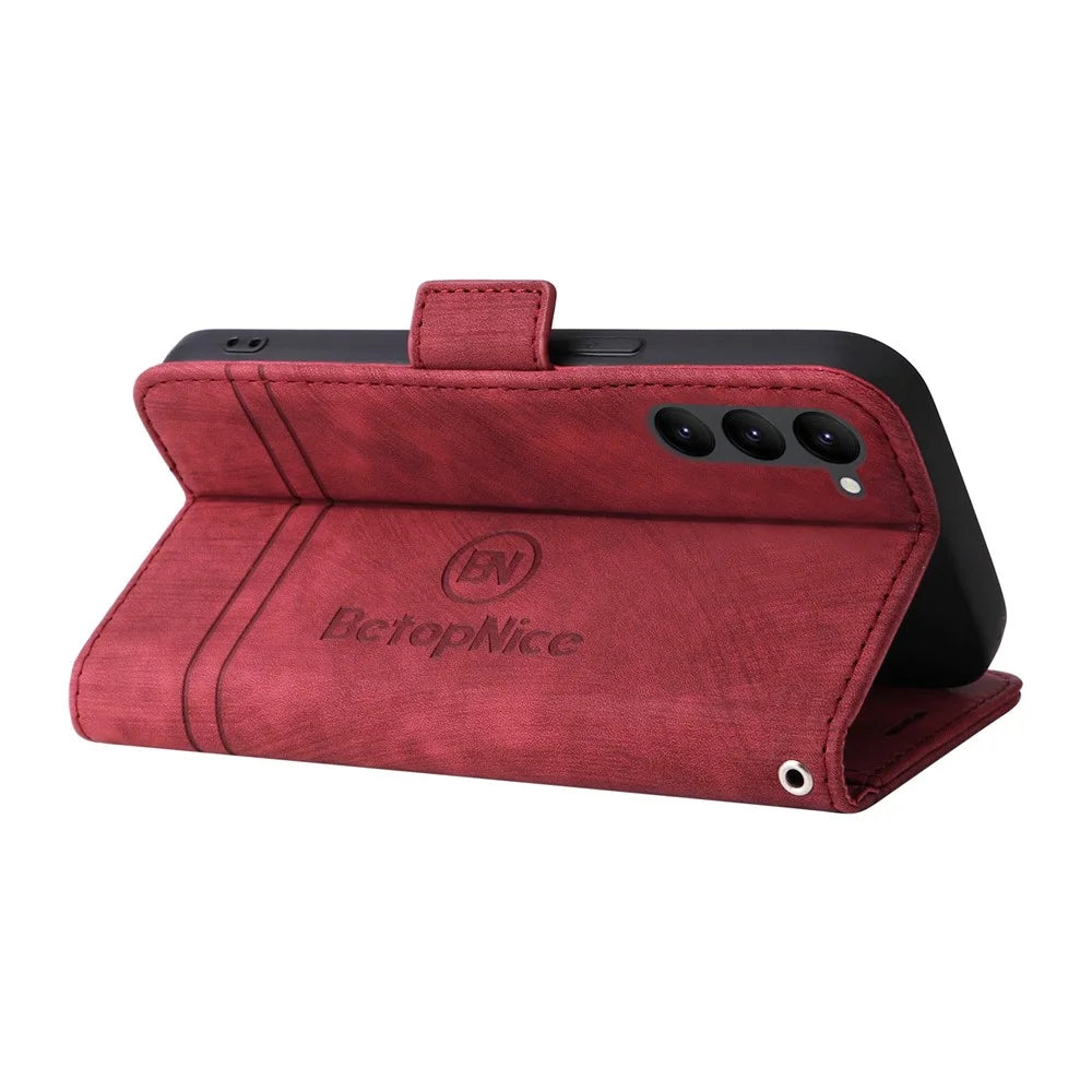 BETOPNICE 001 For Samsung Galaxy S23 PU Leather Phone Case Wallet Stand Imprinted Stitching Line Full Protection Cell Phone Cover - Red - 4