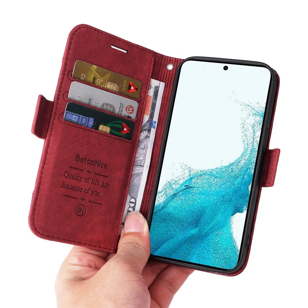 BETOPNICE 001 For Samsung Galaxy S23 PU Leather Phone Case Wallet Stand Imprinted Stitching Line Full Protection Cell Phone Cover - Red - 7