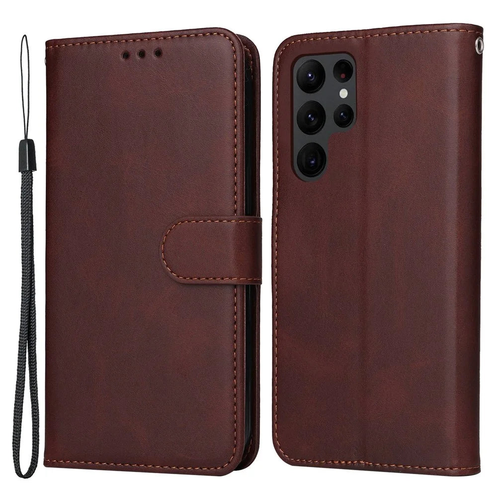 For Samsung Galaxy S23 Ultra Phone Cover Classic Calf Texture PU Leather Magnetic Clasp Wallet Stand Case with Wrist Strap - Brown - 1