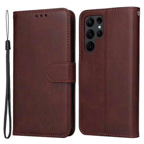 For Samsung Galaxy S23 Ultra Phone Cover Classic Calf Texture PU Leather Magnetic Clasp Wallet Stand Case with Wrist Strap - Brown - 1