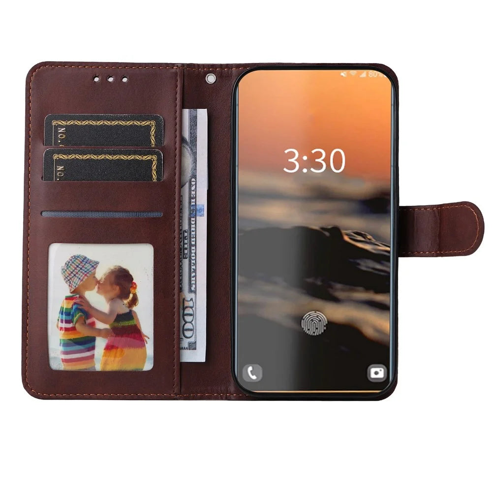 For Samsung Galaxy S23 Ultra Phone Cover Classic Calf Texture PU Leather Magnetic Clasp Wallet Stand Case with Wrist Strap - Brown - 2