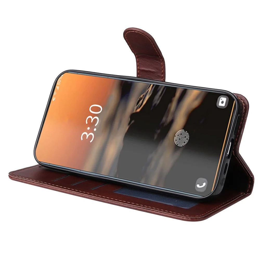 For Samsung Galaxy S23 Ultra Phone Cover Classic Calf Texture PU Leather Magnetic Clasp Wallet Stand Case with Wrist Strap - Brown - 3