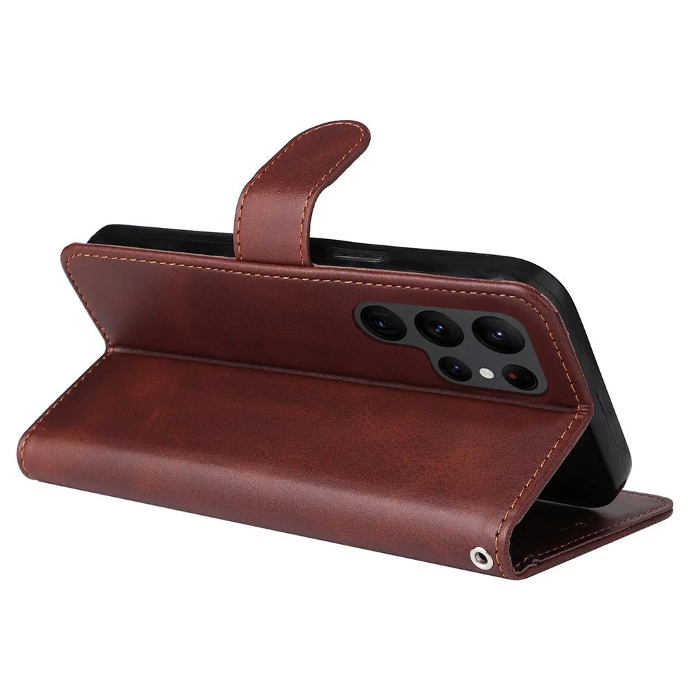 For Samsung Galaxy S23 Ultra Phone Cover Classic Calf Texture PU Leather Magnetic Clasp Wallet Stand Case with Wrist Strap - Brown - 4
