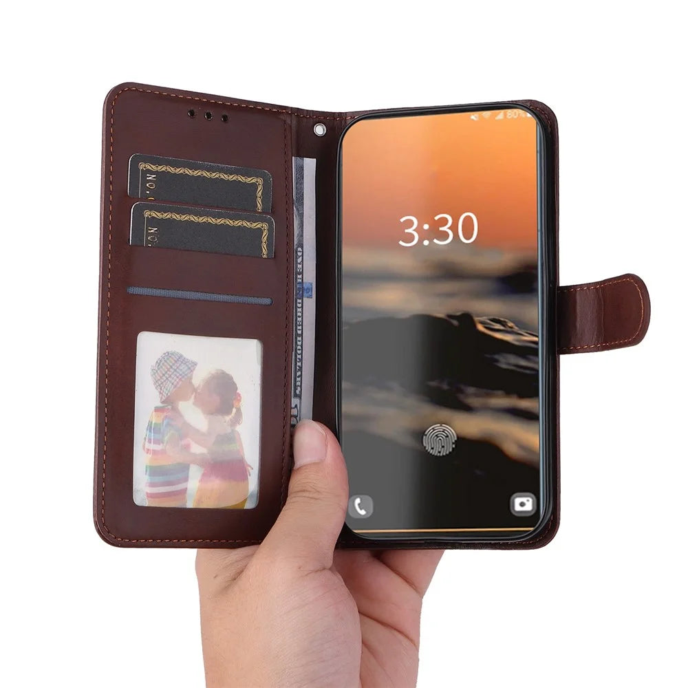 For Samsung Galaxy S23 Ultra Phone Cover Classic Calf Texture PU Leather Magnetic Clasp Wallet Stand Case with Wrist Strap - Brown - 5