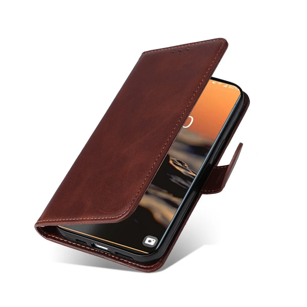 For Samsung Galaxy S23 Ultra Phone Cover Classic Calf Texture PU Leather Magnetic Clasp Wallet Stand Case with Wrist Strap - Brown - 6