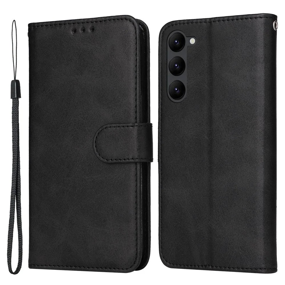 Cell Phone Case for Samsung Galaxy S23, Magnetic Clasp Classic Calf Texture PU Leather Wallet Stand Cover with Wrist Strap - Black - 1