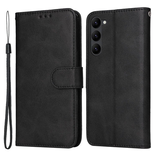 Cell Phone Case for Samsung Galaxy S23, Magnetic Clasp Classic Calf Texture PU Leather Wallet Stand Cover with Wrist Strap - Black - 1