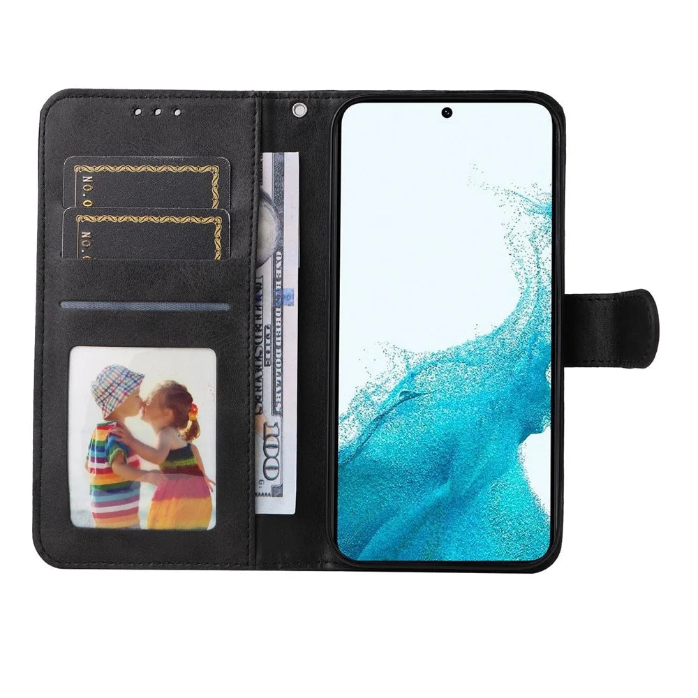 Cell Phone Case for Samsung Galaxy S23, Magnetic Clasp Classic Calf Texture PU Leather Wallet Stand Cover with Wrist Strap - Black - 2