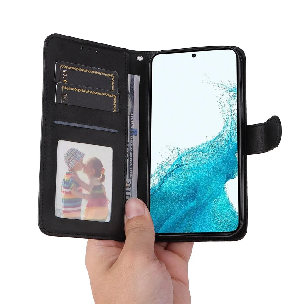 Cell Phone Case for Samsung Galaxy S23, Magnetic Clasp Classic Calf Texture PU Leather Wallet Stand Cover with Wrist Strap - Black - 5