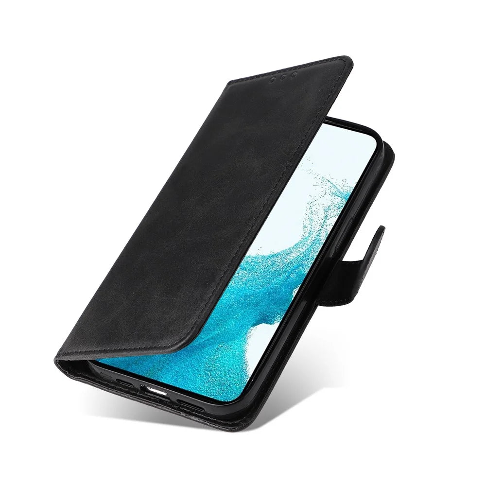 Cell Phone Case for Samsung Galaxy S23, Magnetic Clasp Classic Calf Texture PU Leather Wallet Stand Cover with Wrist Strap - Black - 6