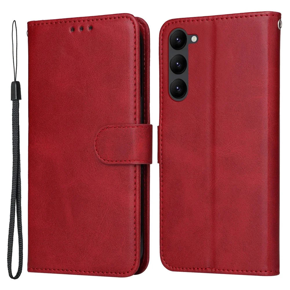 For Samsung Galaxy S23+ Calf Texture Shockproof PU Leather Case Magnetic Clasp Wallet Stand Phone Cover - Red - 1