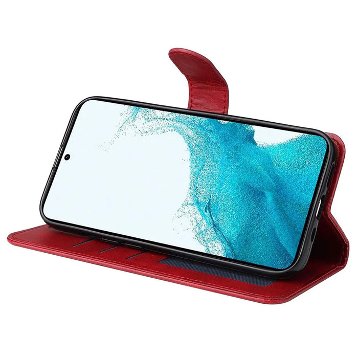 For Samsung Galaxy S23+ Calf Texture Shockproof PU Leather Case Magnetic Clasp Wallet Stand Phone Cover - Red - 3