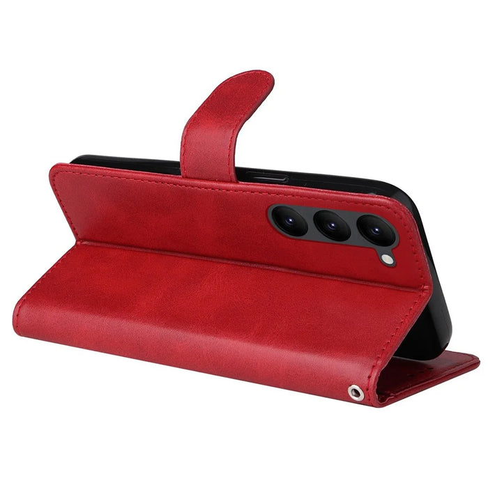 For Samsung Galaxy S23+ Calf Texture Shockproof PU Leather Case Magnetic Clasp Wallet Stand Phone Cover - Red - 4