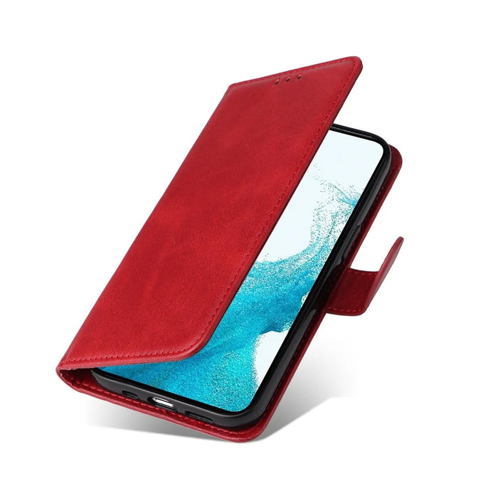 For Samsung Galaxy S23+ Calf Texture Shockproof PU Leather Case Magnetic Clasp Wallet Stand Phone Cover - Red - 6