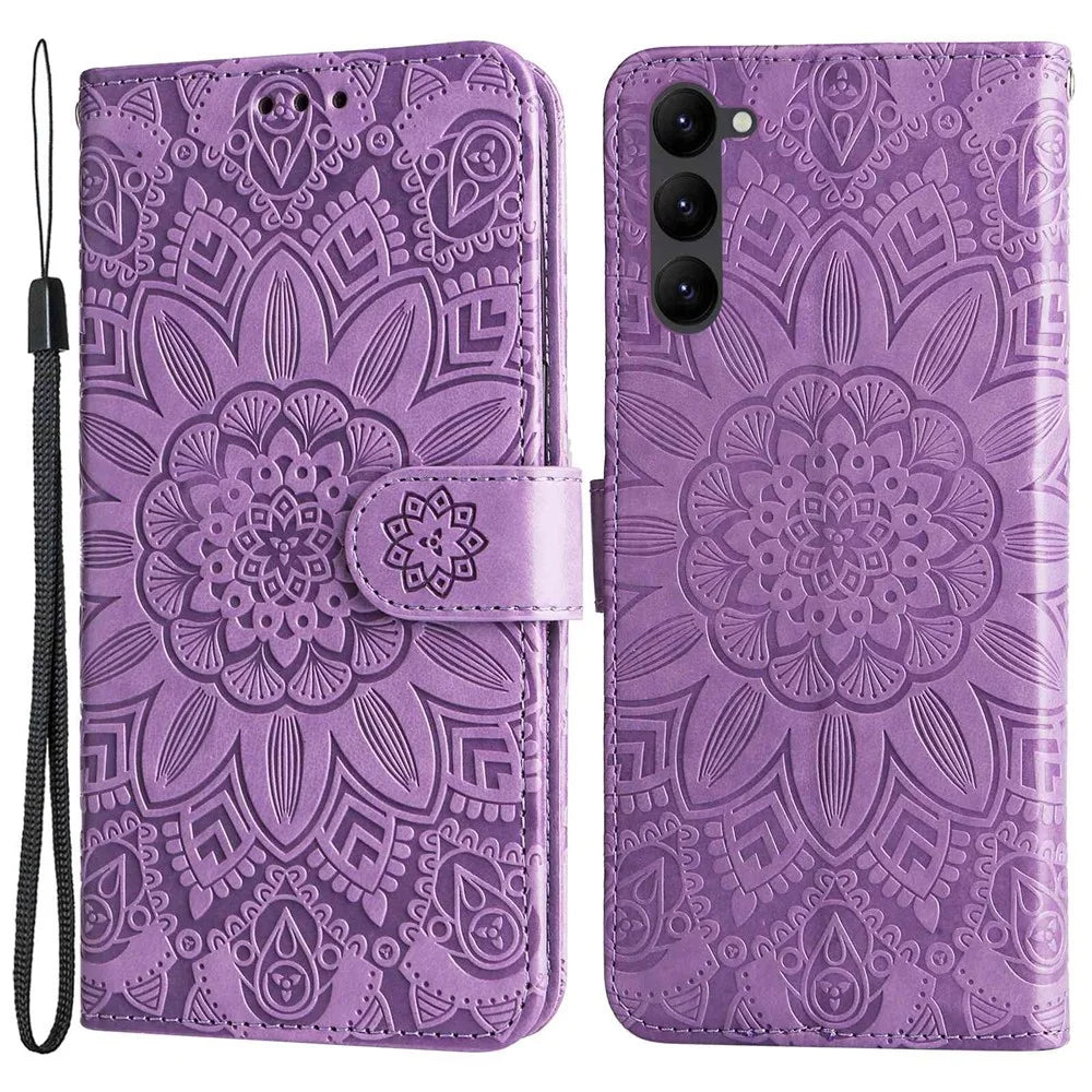 For Samsung Galaxy S23 Anti-scratch PU Leather Sunflower Imprinted Stand Phone Case Magnetic Closure Cover with Hand Strap - Purple - 1