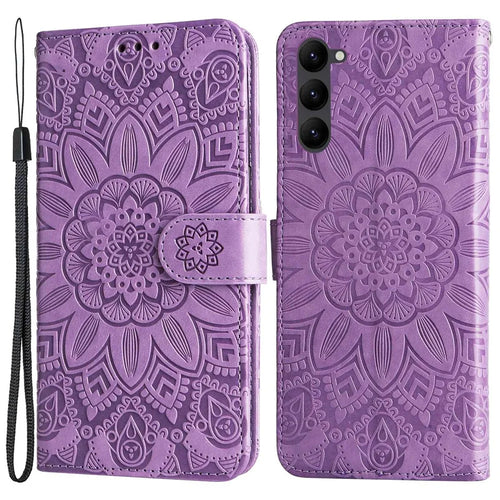 For Samsung Galaxy S23 Anti-scratch PU Leather Sunflower Imprinted Stand Phone Case Magnetic Closure Cover with Hand Strap - Purple - 1