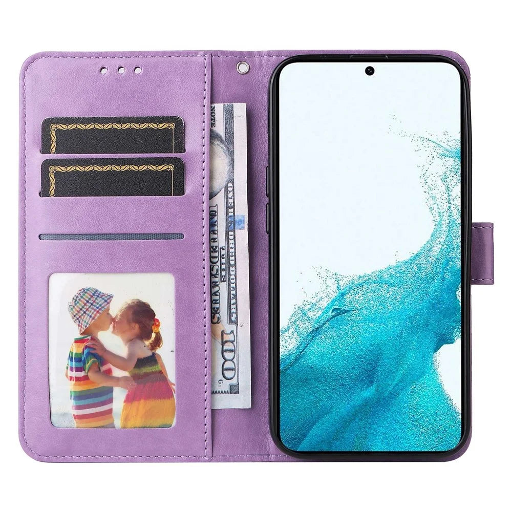 For Samsung Galaxy S23 Anti-scratch PU Leather Sunflower Imprinted Stand Phone Case Magnetic Closure Cover with Hand Strap - Purple - 2