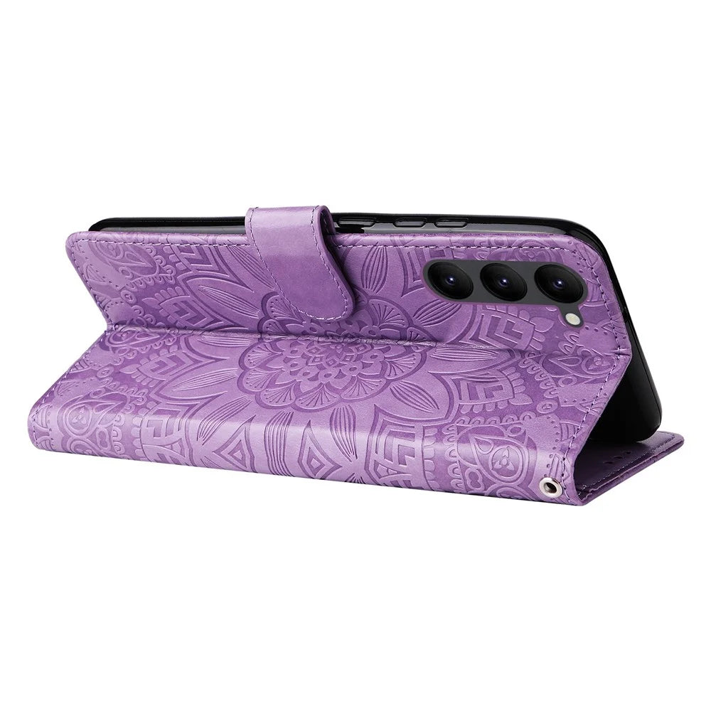 For Samsung Galaxy S23 Anti-scratch PU Leather Sunflower Imprinted Stand Phone Case Magnetic Closure Cover with Hand Strap - Purple - 3