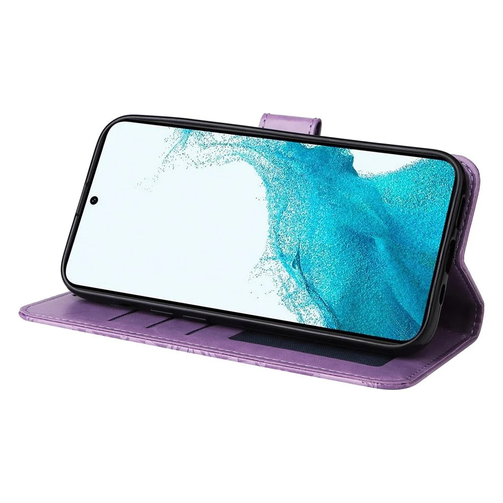 For Samsung Galaxy S23 Anti-scratch PU Leather Sunflower Imprinted Stand Phone Case Magnetic Closure Cover with Hand Strap - Purple - 4
