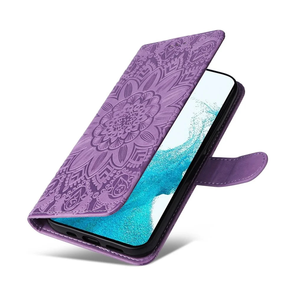For Samsung Galaxy S23 Anti-scratch PU Leather Sunflower Imprinted Stand Phone Case Magnetic Closure Cover with Hand Strap - Purple - 5