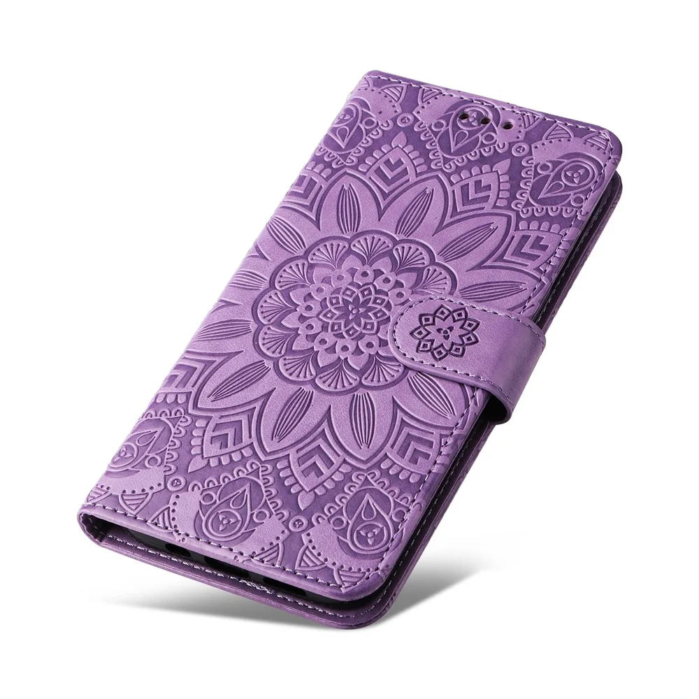 For Samsung Galaxy S23 Anti-scratch PU Leather Sunflower Imprinted Stand Phone Case Magnetic Closure Cover with Hand Strap - Purple - 6