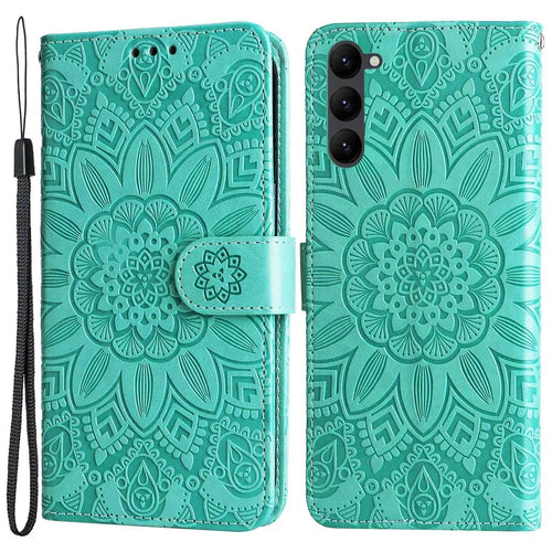PU Leather Imprinted Sunflower Stand Phone Case for Samsung Galaxy S23+, Wallet Design Magnetic Closure Smartphone Shell Cover - Green - 1