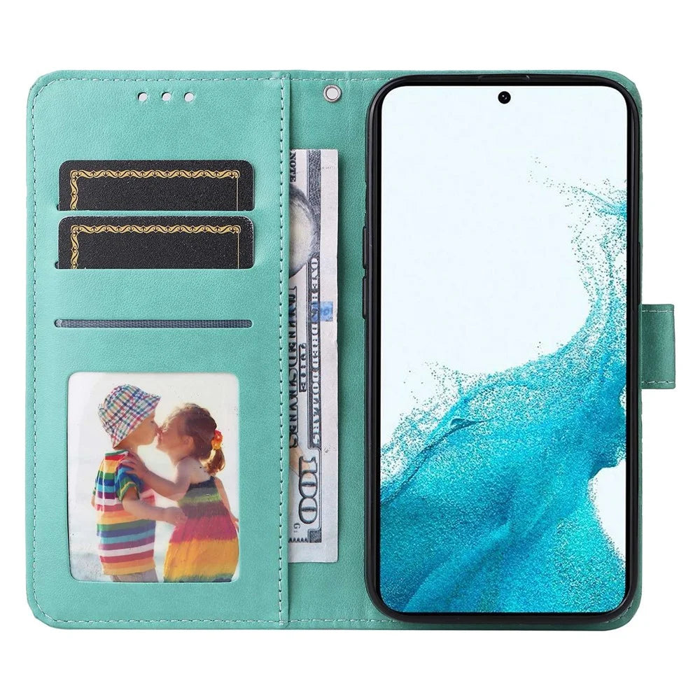 PU Leather Imprinted Sunflower Stand Phone Case for Samsung Galaxy S23+, Wallet Design Magnetic Closure Smartphone Shell Cover - Green - 2
