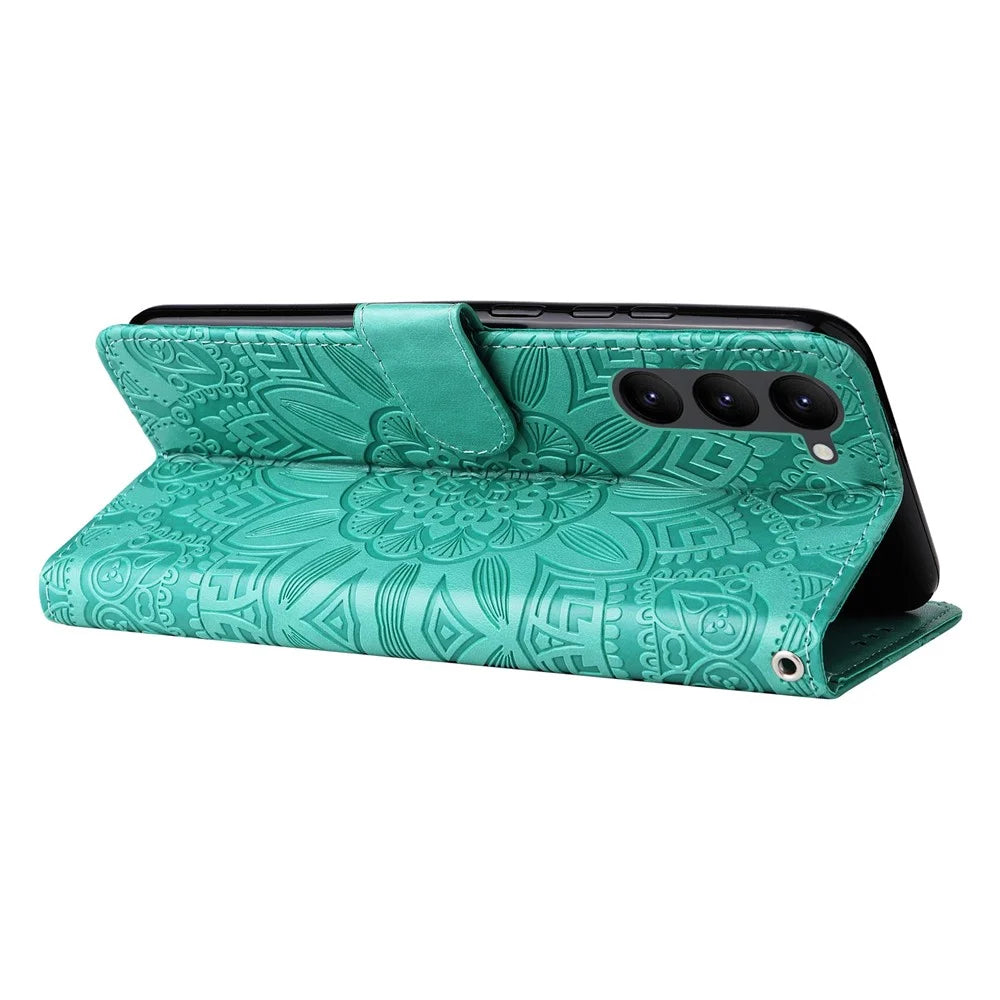 PU Leather Imprinted Sunflower Stand Phone Case for Samsung Galaxy S23+, Wallet Design Magnetic Closure Smartphone Shell Cover - Green - 3