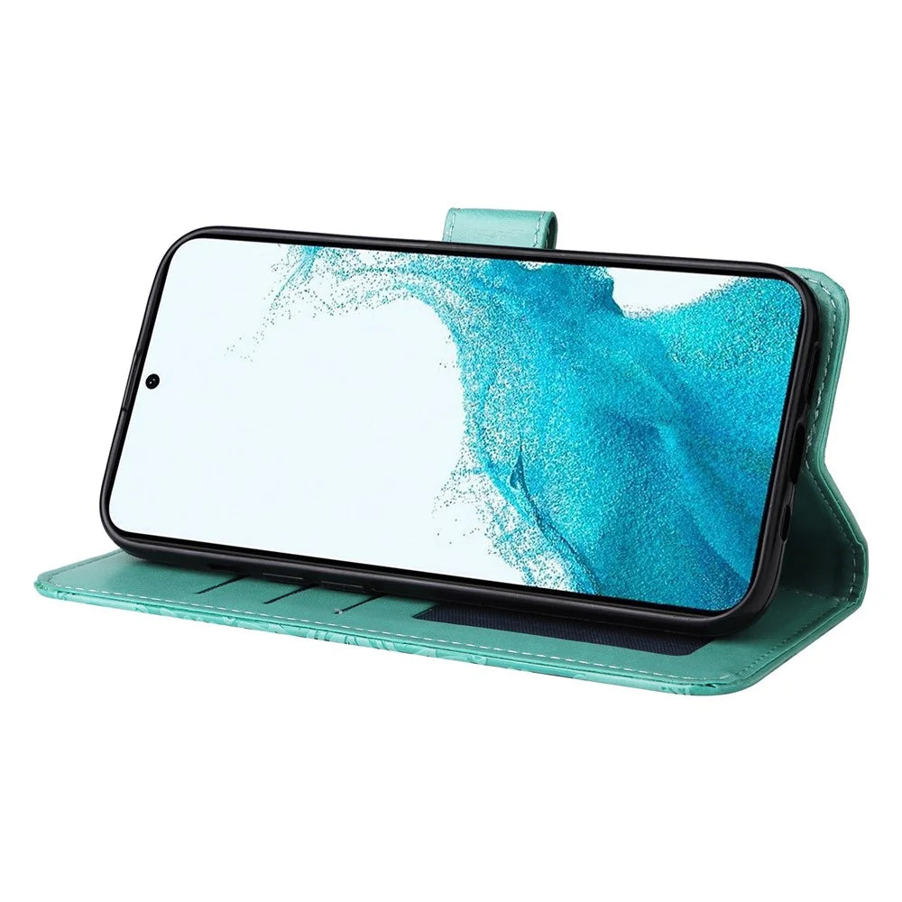 PU Leather Imprinted Sunflower Stand Phone Case for Samsung Galaxy S23+, Wallet Design Magnetic Closure Smartphone Shell Cover - Green - 4