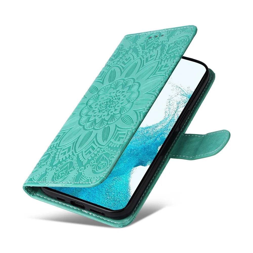 PU Leather Imprinted Sunflower Stand Phone Case for Samsung Galaxy S23+, Wallet Design Magnetic Closure Smartphone Shell Cover - Green - 5