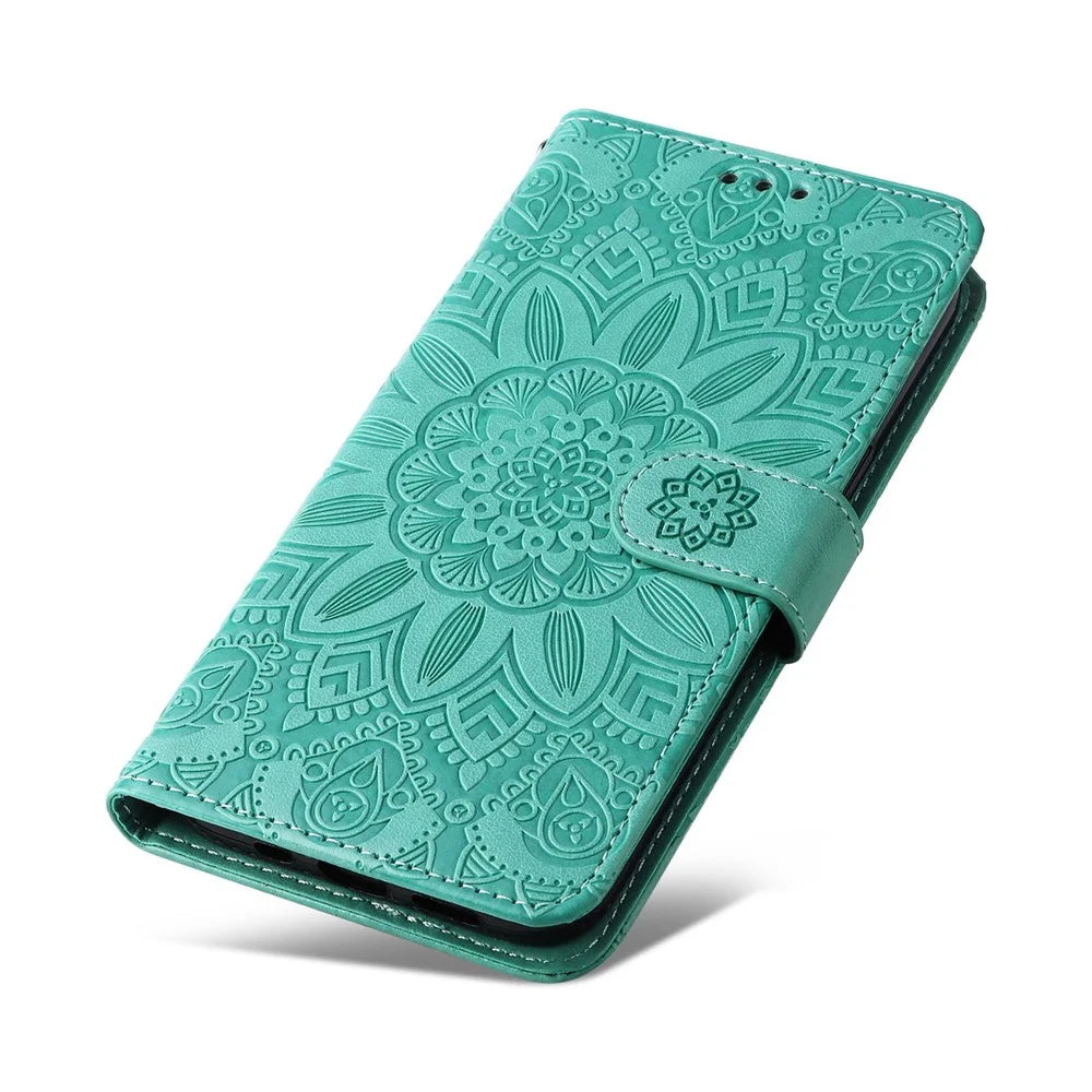 PU Leather Imprinted Sunflower Stand Phone Case for Samsung Galaxy S23+, Wallet Design Magnetic Closure Smartphone Shell Cover - Green - 6