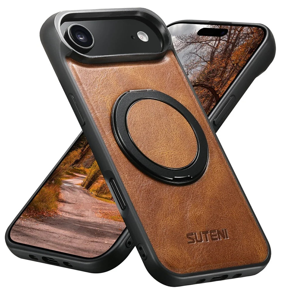 SUTENI G3 For iPhone Air Case Compatible with MagSafe Waxy Texture Rotating Kickstand Leather Phone Back Cover - Brown - 1