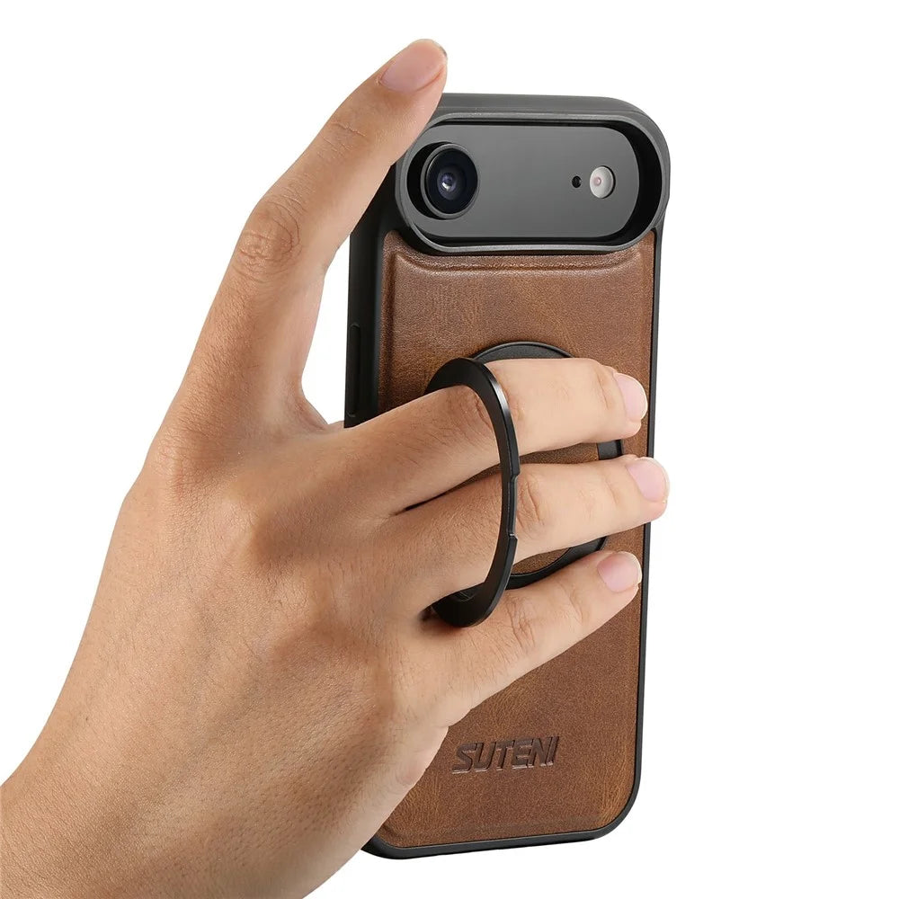 SUTENI G3 For iPhone Air Case Compatible with MagSafe Waxy Texture Rotating Kickstand Leather Phone Back Cover - Brown - 4