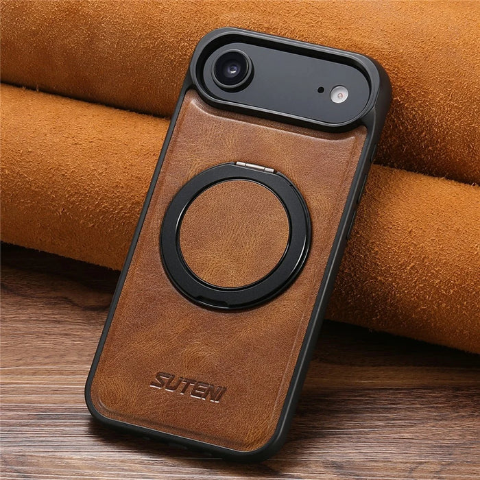 SUTENI G3 For iPhone Air Case Compatible with MagSafe Waxy Texture Rotating Kickstand Leather Phone Back Cover - Brown - 5