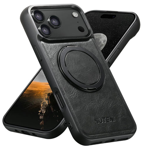 SUTENI G3 For iPhone 17 Pro Case Compatible with MagSafe Waxy Texture Rotating Kickstand Leather Phone Back Cover - Black - 1