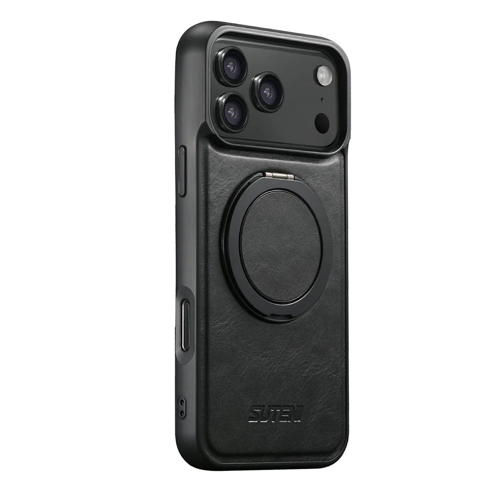 SUTENI G3 For iPhone 17 Pro Case Compatible with MagSafe Waxy Texture Rotating Kickstand Leather Phone Back Cover - Black - 4