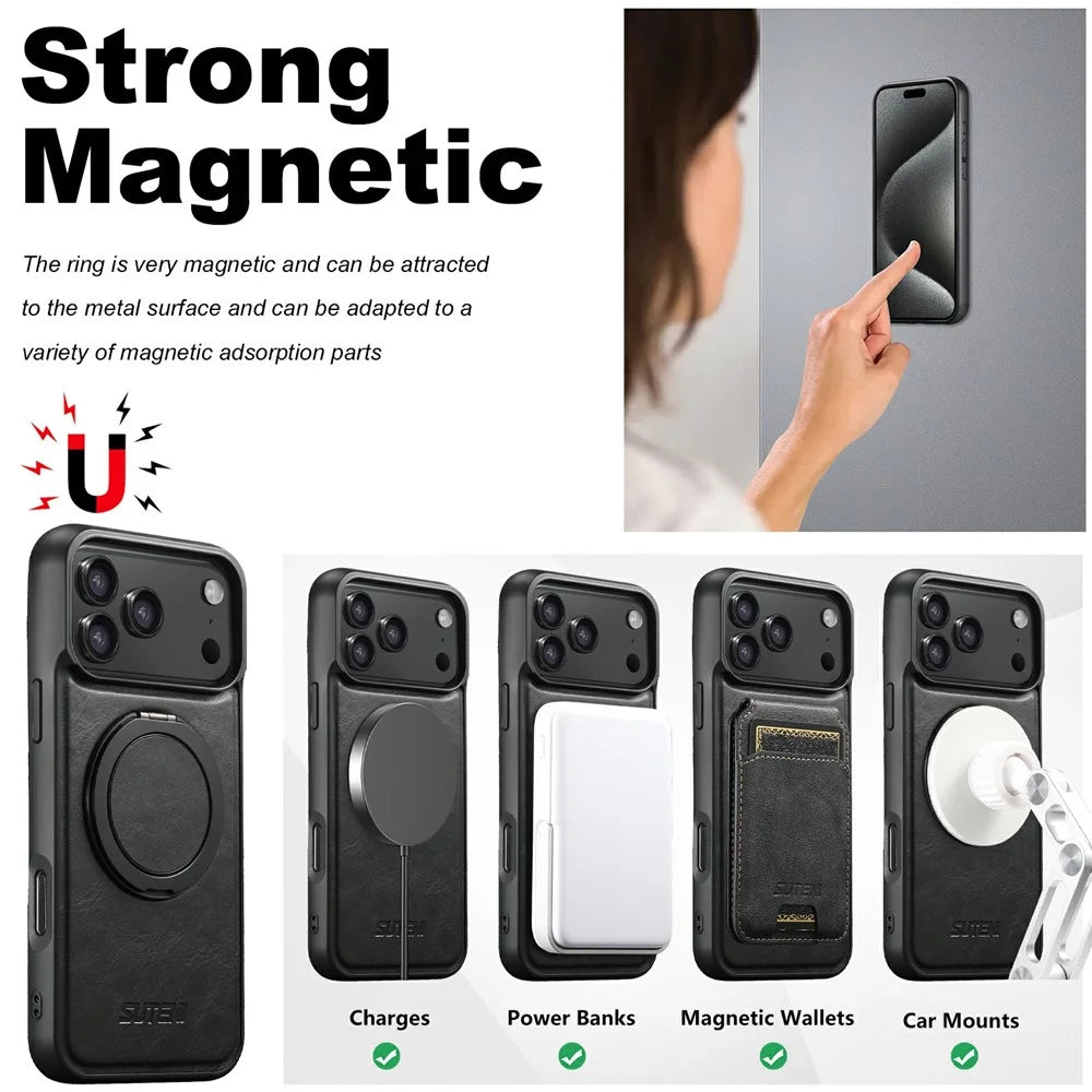 SUTENI G3 For iPhone 17 Pro Case Compatible with MagSafe Waxy Texture Rotating Kickstand Leather Phone Back Cover - Black - 7
