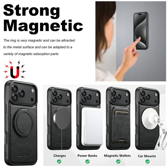 SUTENI G3 For iPhone 17 Pro Case Compatible with MagSafe Waxy Texture Rotating Kickstand Leather Phone Back Cover - Black - 7