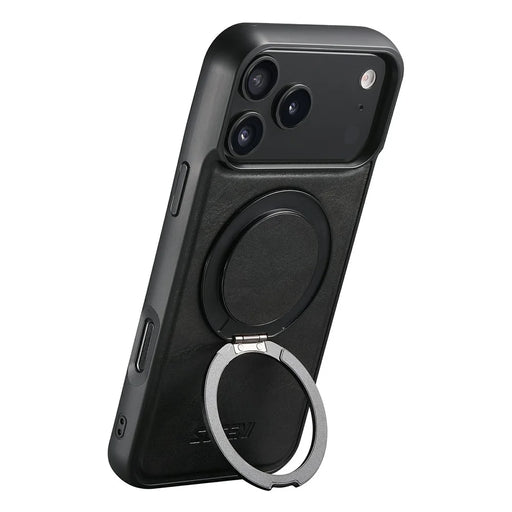 SUTENI G3 For iPhone 17 Pro Max Case Compatible with MagSafe Waxy Texture Rotating Kickstand Leather Phone Back Cover - Black - 2