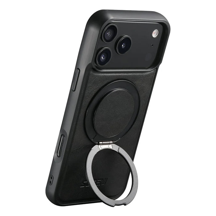 SUTENI G3 For iPhone 17 Pro Max Case Compatible with MagSafe Waxy Texture Rotating Kickstand Leather Phone Back Cover - Black - 2