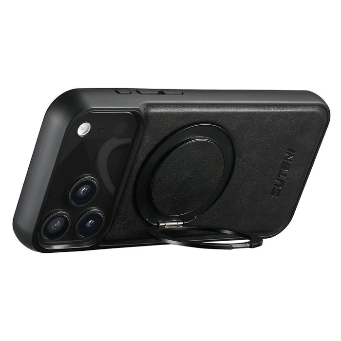 SUTENI G3 For iPhone 17 Pro Max Case Compatible with MagSafe Waxy Texture Rotating Kickstand Leather Phone Back Cover - Black - 3