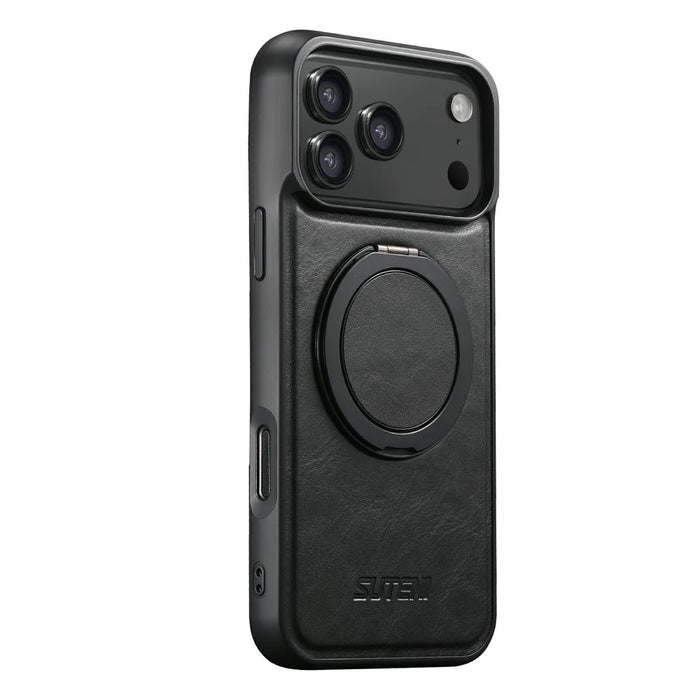 SUTENI G3 For iPhone 17 Pro Max Case Compatible with MagSafe Waxy Texture Rotating Kickstand Leather Phone Back Cover - Black - 4
