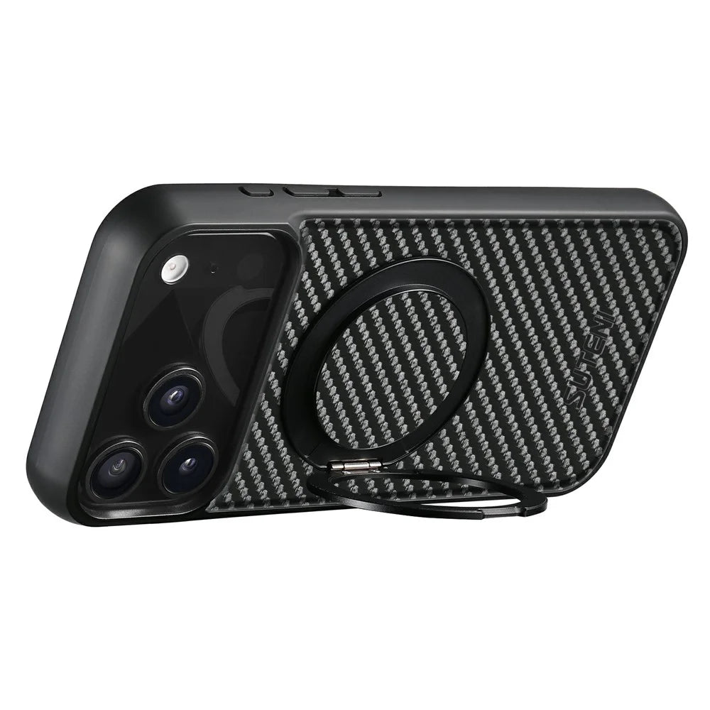 SUTENI G3 For iPhone 17 Pro Magnetic Case Rotating Kickstand Carbon Fiber Texture Leather Phone Back Cover - 3