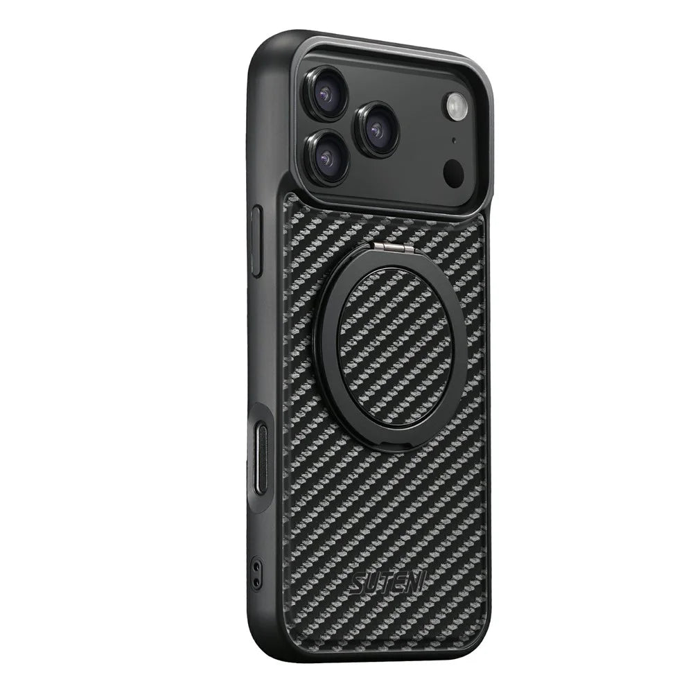 SUTENI G3 For iPhone 17 Pro Magnetic Case Rotating Kickstand Carbon Fiber Texture Leather Phone Back Cover - 4