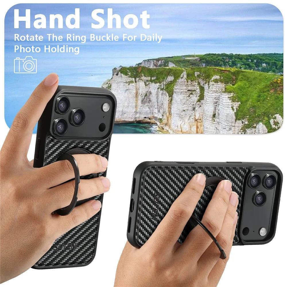 SUTENI G3 For iPhone 17 Pro Magnetic Case Rotating Kickstand Carbon Fiber Texture Leather Phone Back Cover - 6