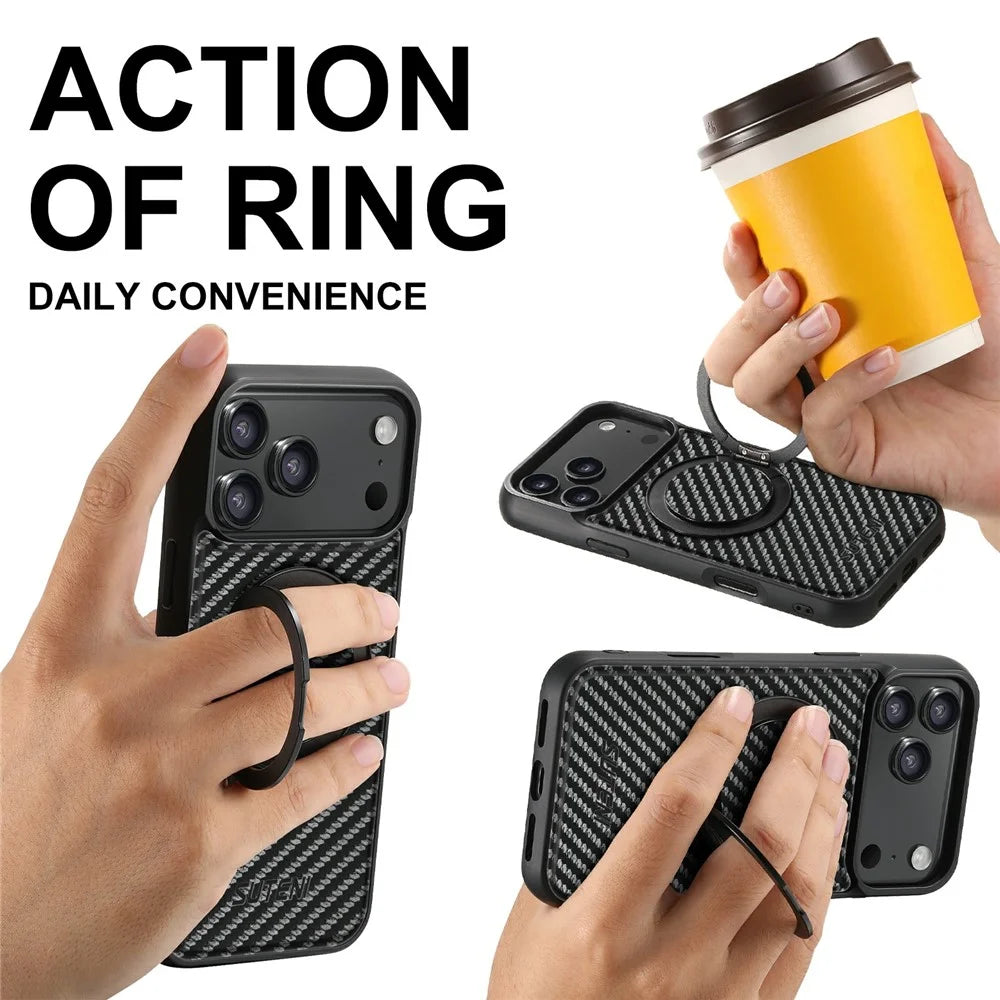 SUTENI G3 For iPhone 17 Pro Max Magnetic Case Rotating Kickstand Carbon Fiber Texture Leather Phone Back Cover - 5
