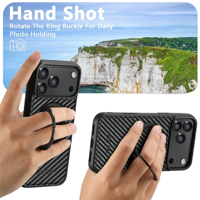 SUTENI G3 For iPhone 17 Pro Max Magnetic Case Rotating Kickstand Carbon Fiber Texture Leather Phone Back Cover - 6