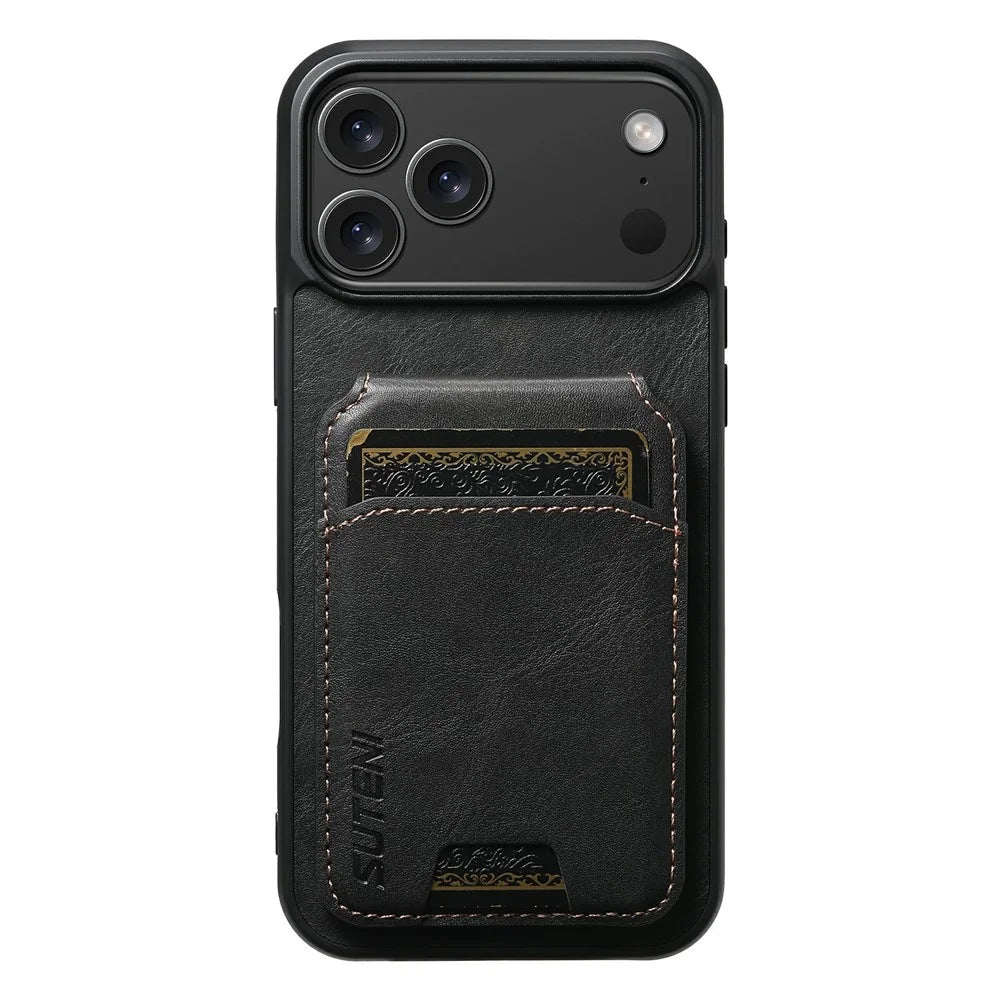 SUTENI H02 For iPhone 17 Pro Max Case Waxy Texture Leather + TPU Card Slots Kickstand Phone Cover - Black - 2