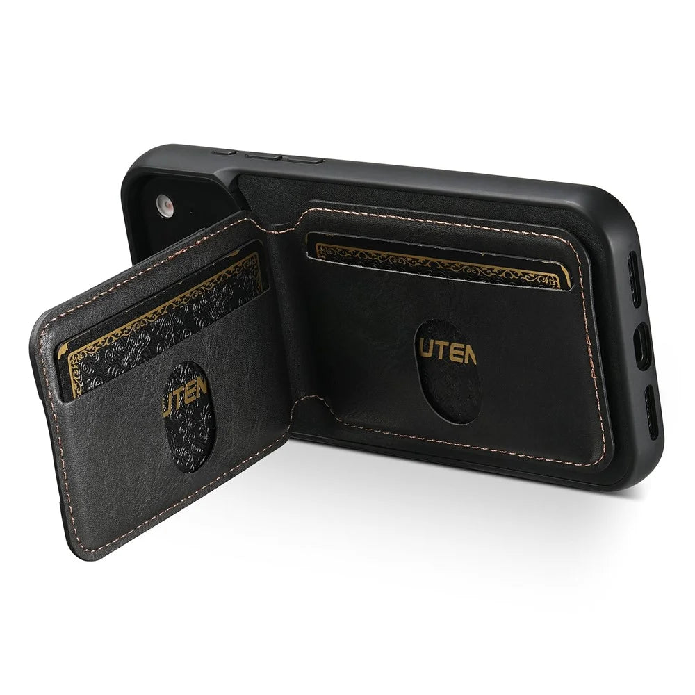SUTENI H02 For iPhone 17 Pro Max Case Waxy Texture Leather + TPU Card Slots Kickstand Phone Cover - Black - 5