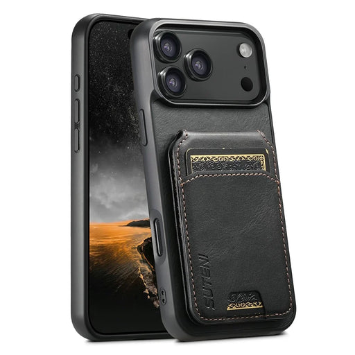 SUTENI H02 For iPhone 17 Pro Case Waxy Texture Leather + TPU Card Slots Kickstand Phone Cover - Black - 1